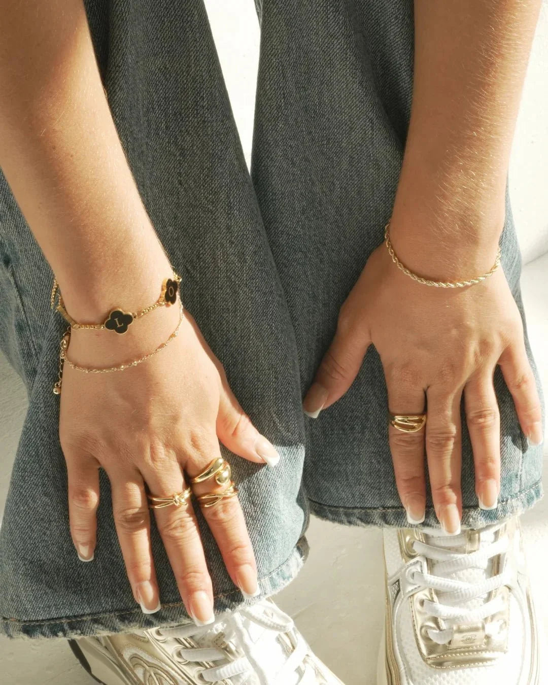 Layered waterproof gold necklaces and bracelets for everyday stacking