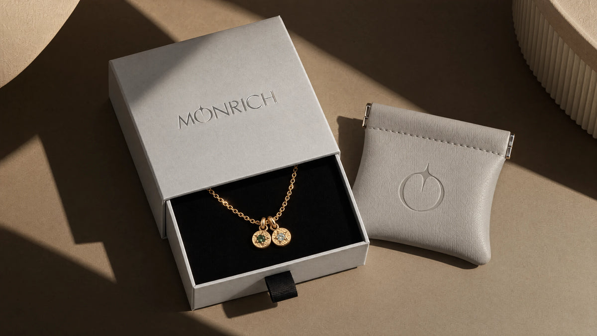 Monrich signature packaging: grey gift box with a gold necklace and a grey jewellery pouch